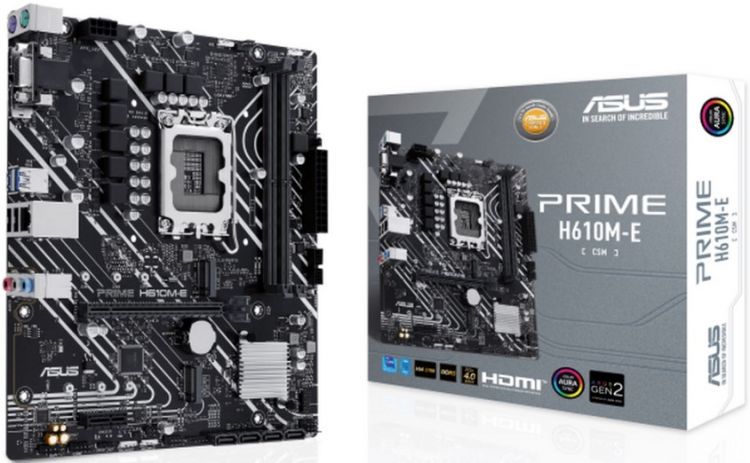 Материнская плата mATX ASUS PRIME H610M-E-CSM (LGA1700, H610, 2*DDR5 (5600), 4*SATA, 2*M.2, 2*PCIE, Glan, VGA, HDMI, DP, 2*USB 3.2, 2*USB 2.0)